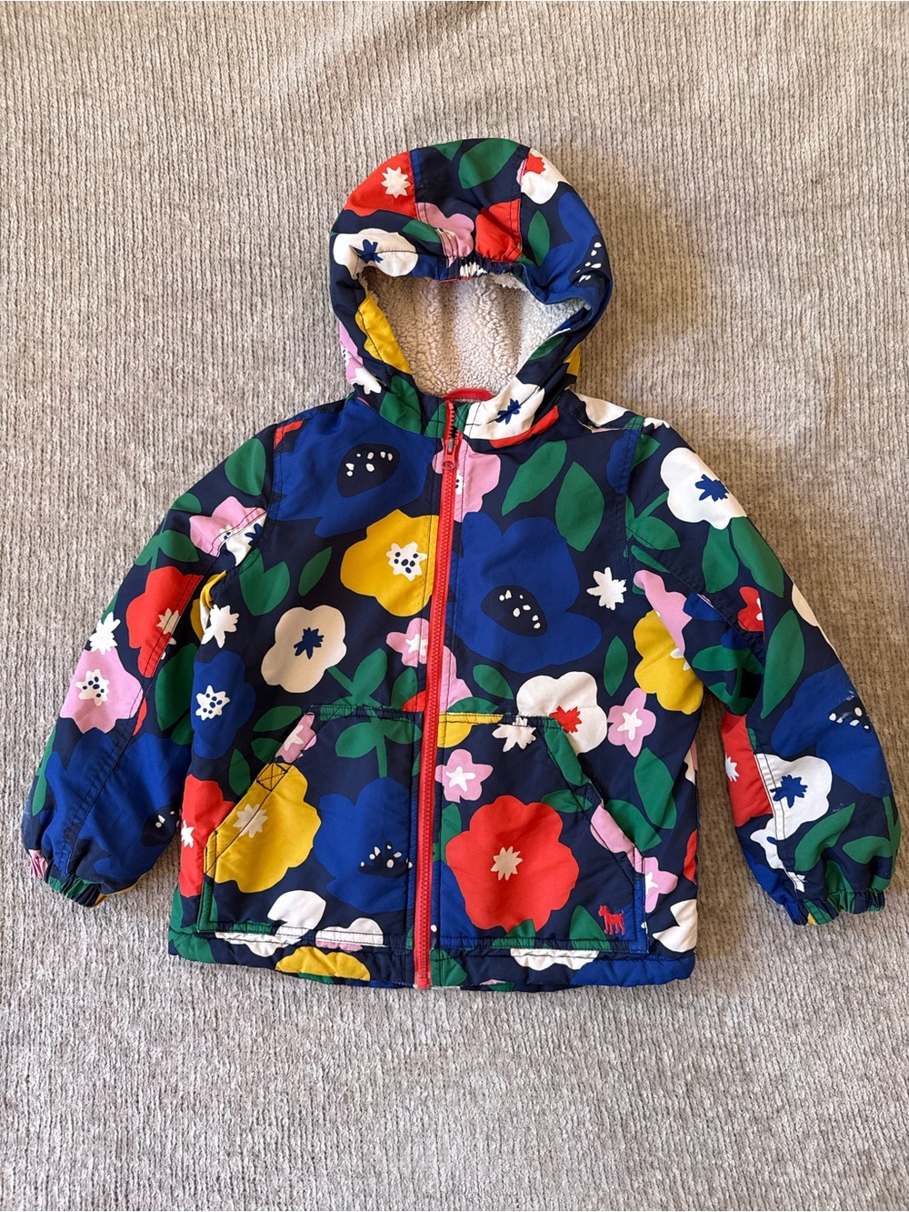 Mini Boden Girls 6-7Y Floral Sherpa Lined Hooded Jacket Coat Colorful Flowers
